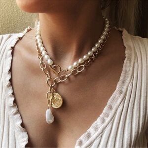 Layered Boho Necklace Charm Pearl 14K plated